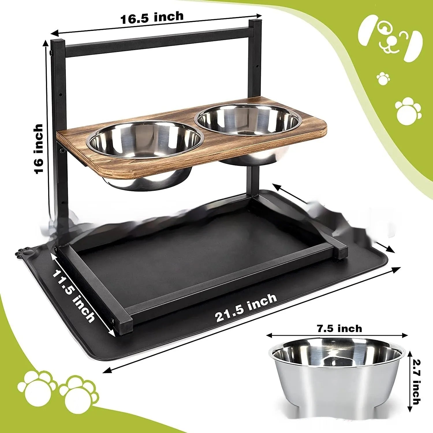 Large black iron stand holding two dog bowls for elevated feeding.