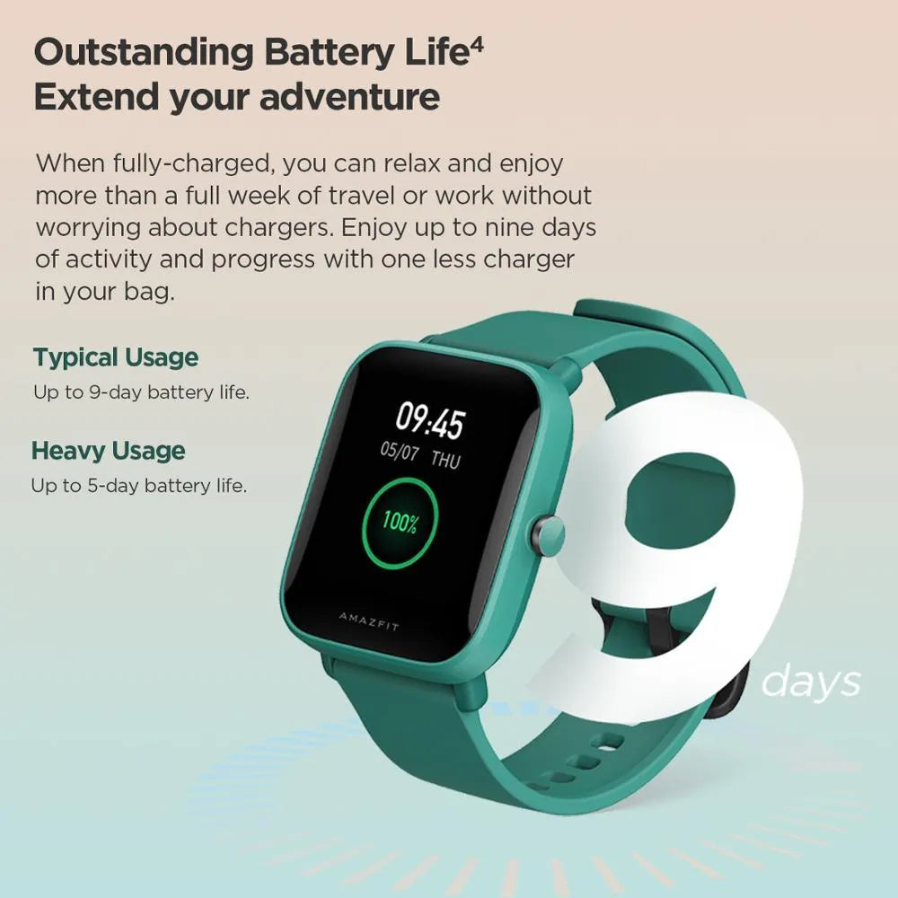 Amazfit Pop Pro smartwatch with colour screen and silicone strap, showing GPS and waterproof features