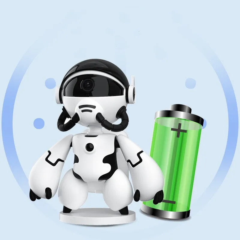 White or black wireless household security camera on a detachable base with a wide-angle lens.