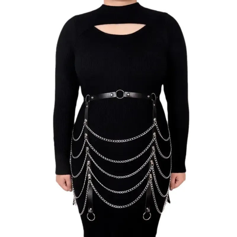 Black PU leather waist chain with bandage binding design for women