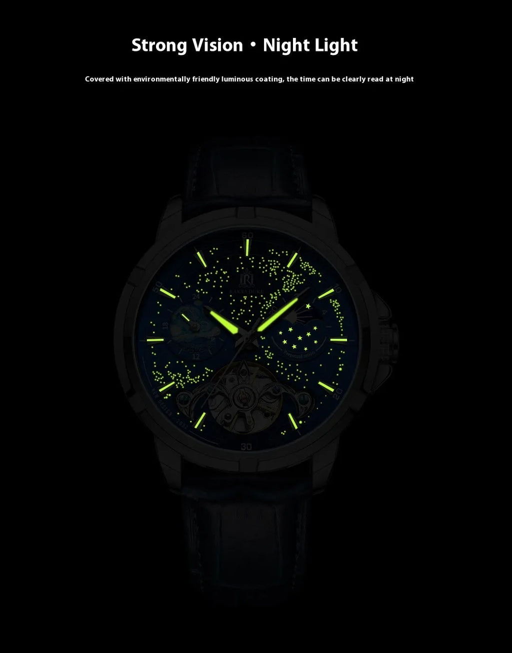 Men's blue dial automatic mechanical watch with stainless steel case on wrist.