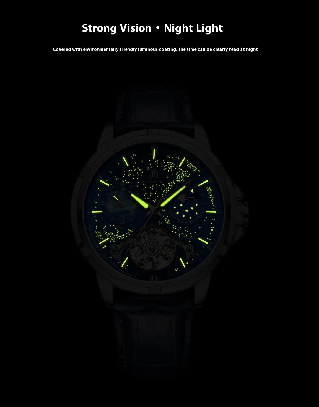 Men's blue dial automatic mechanical watch with stainless steel case on wrist.