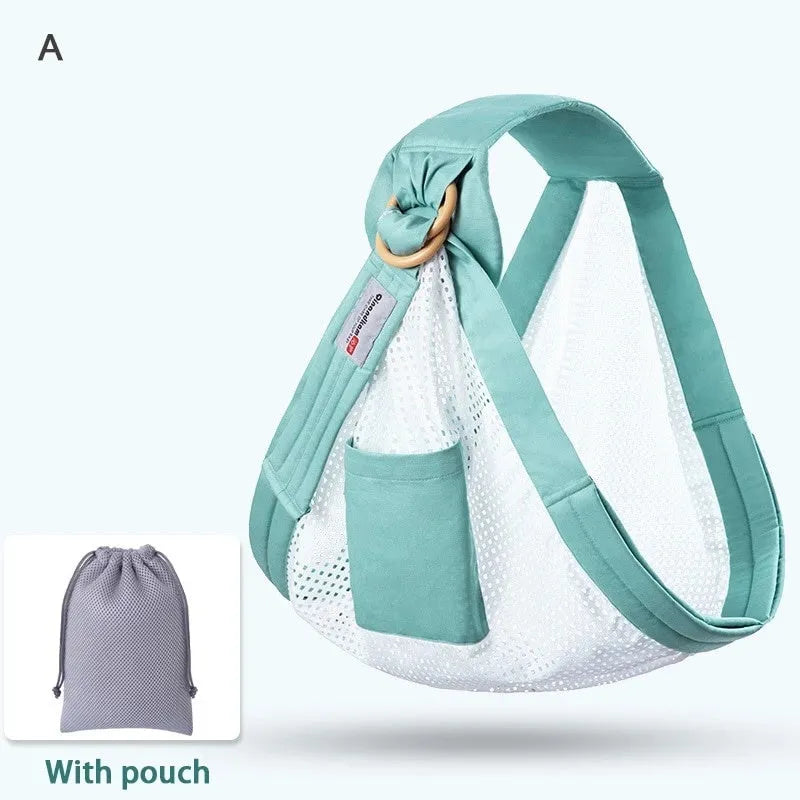 Adjustable baby wrap carrier sling shown in multiple colours, suitable for infants 0-36 months.