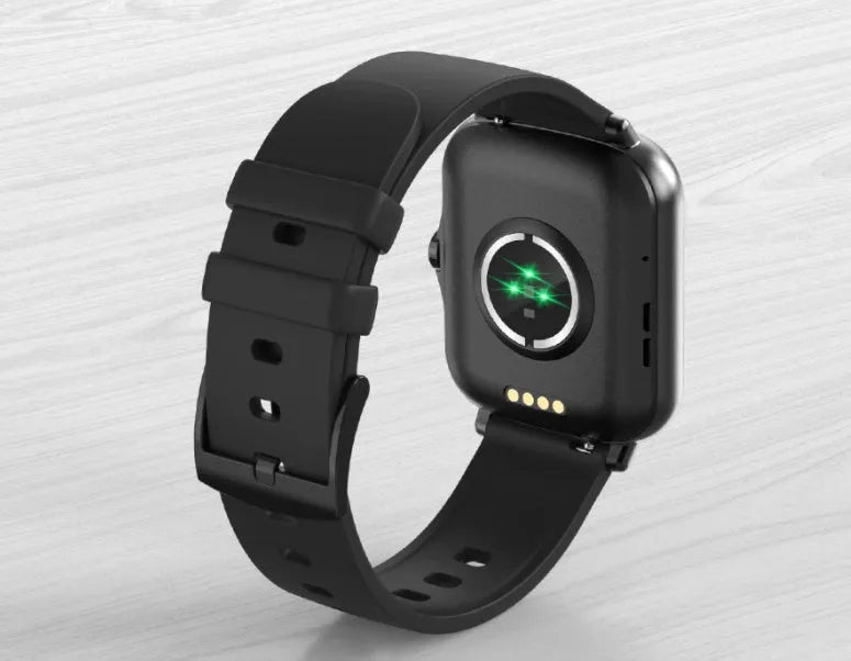 Black smart watch with 1.7-inch colour touch screen on an adjustable strap, showing fitness data interface.