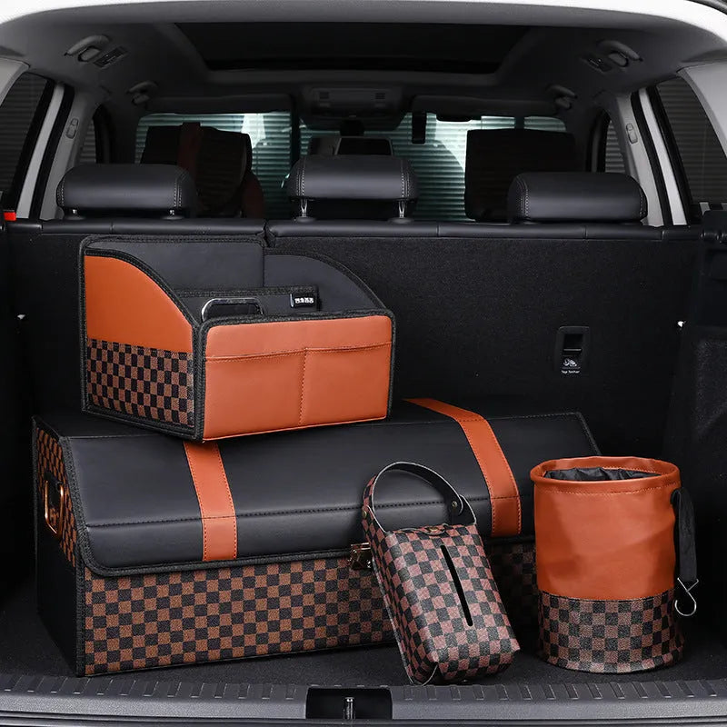 Retractable leather car trash can shown in expanded and collapsed positions