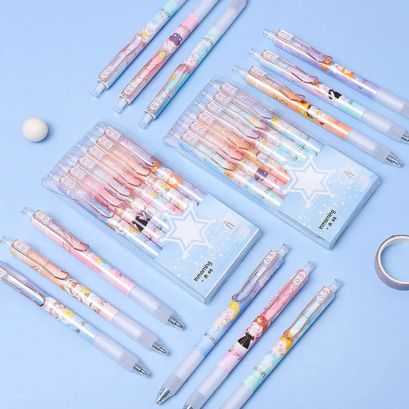 Set of six constellation-themed press gel pens with 0.5mm tips and cartoon zodiac designs.