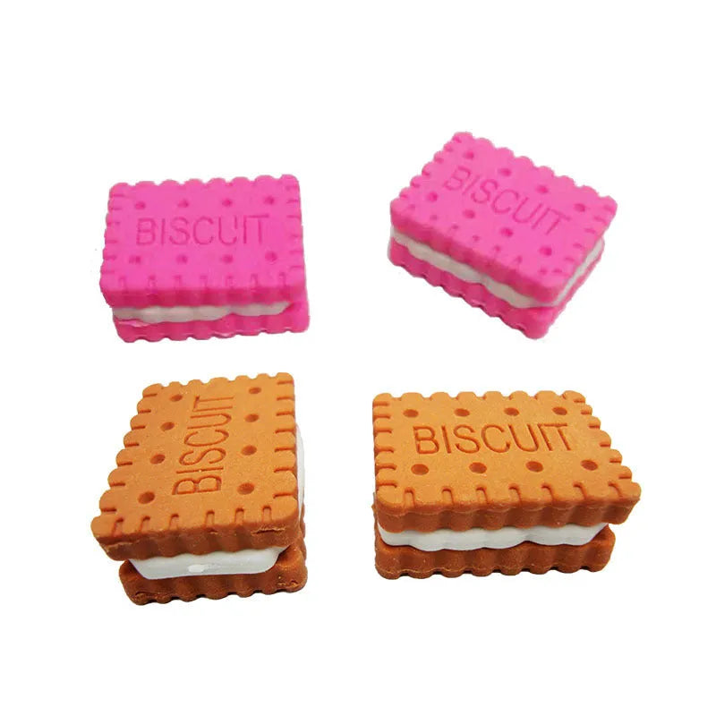 Sandwich biscuit shaped novelty eraser in brown, pink, green, and purple colour options