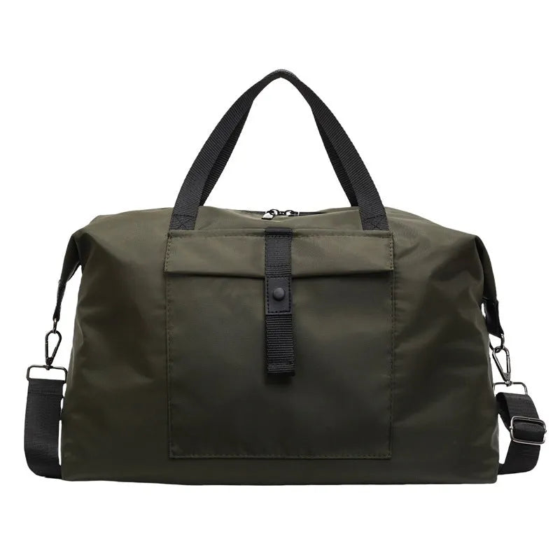 Grey one-shoulder travel bag with 36-55L capacity showing Oxford cloth construction