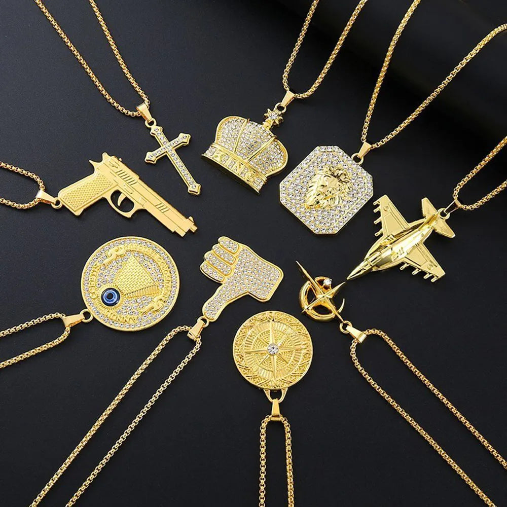 Gold geometric women's necklace with inlaid zircon stones on an alloy pendant.