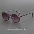 Retro round frosted sunglasses in leopard print and sand colours on a patterned background.