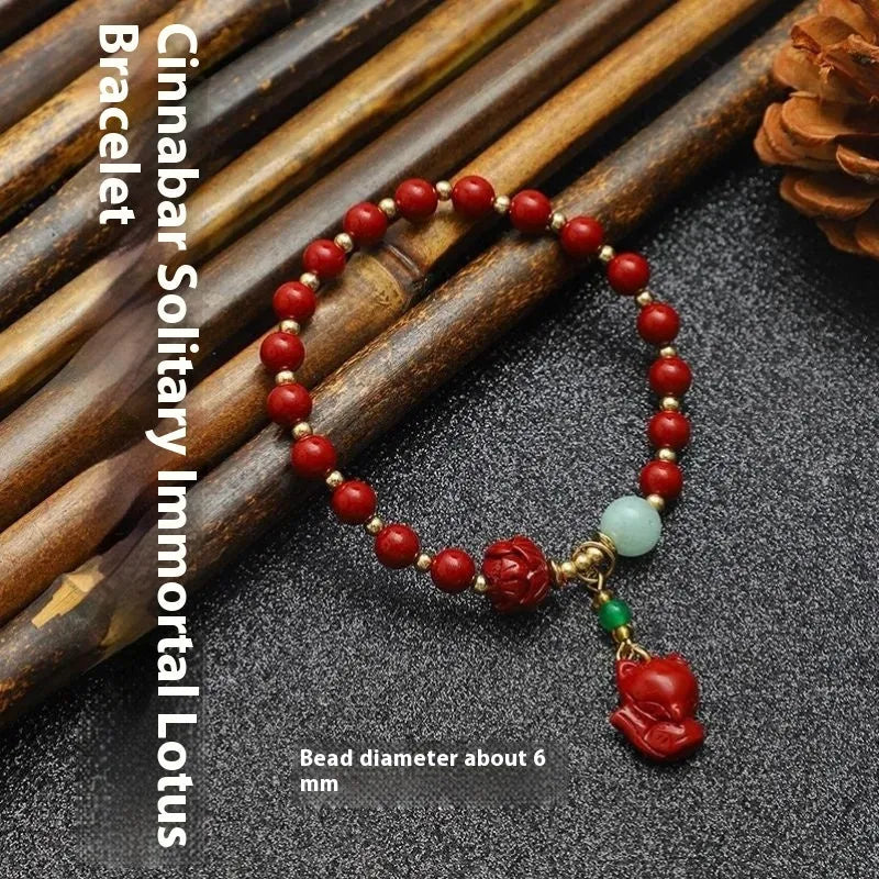 Handmade cinnabar bracelet with fox pendant peace buckle auspicious cloud unisex retro