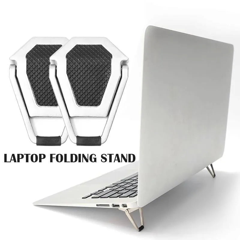 Foldable aluminium alloy laptop bracket in silver, showing compact 4.8cm size with wireless design