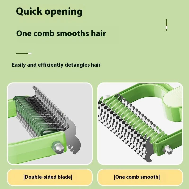 Green and grey dog detangling combs with stainless steel teeth, shown in large and small sizes.