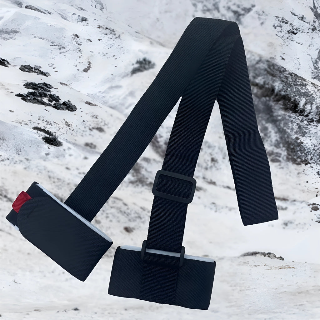 Adjustable black skiing bandage shoulder strap with hook and loop fastening for sled carrying.