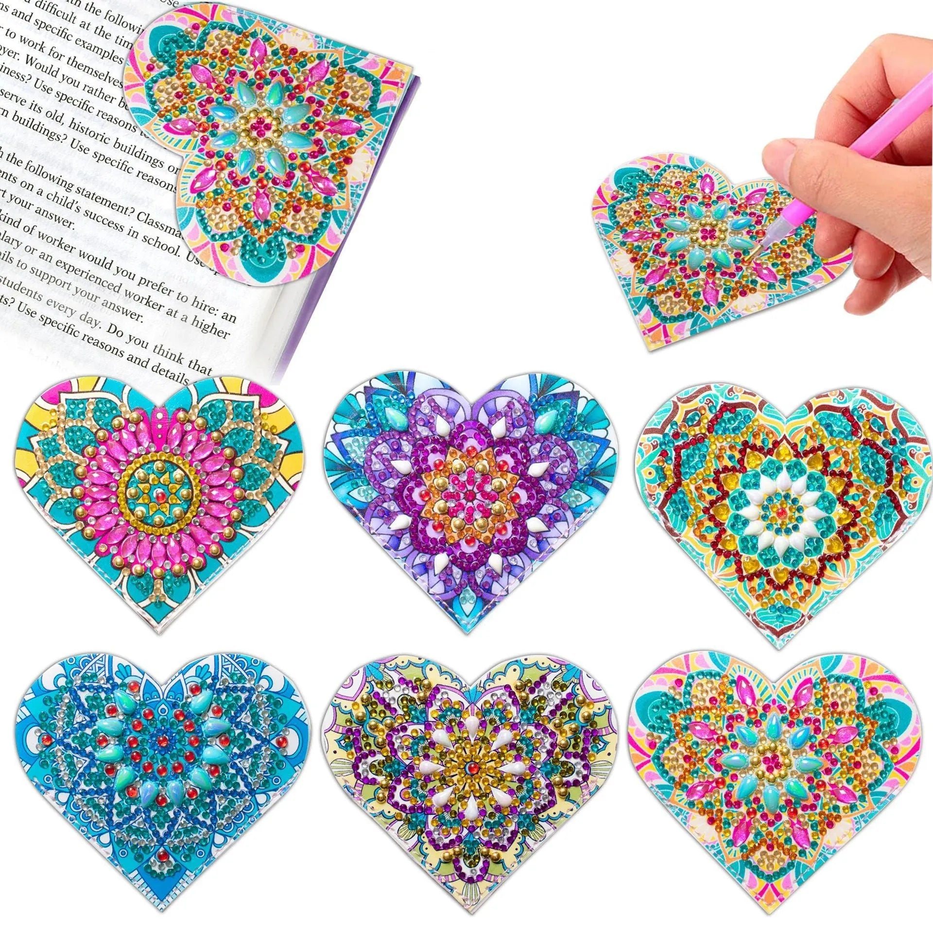 Set of six PU leather handmade bookmarks with stick-on crystals and flower cornerite design.