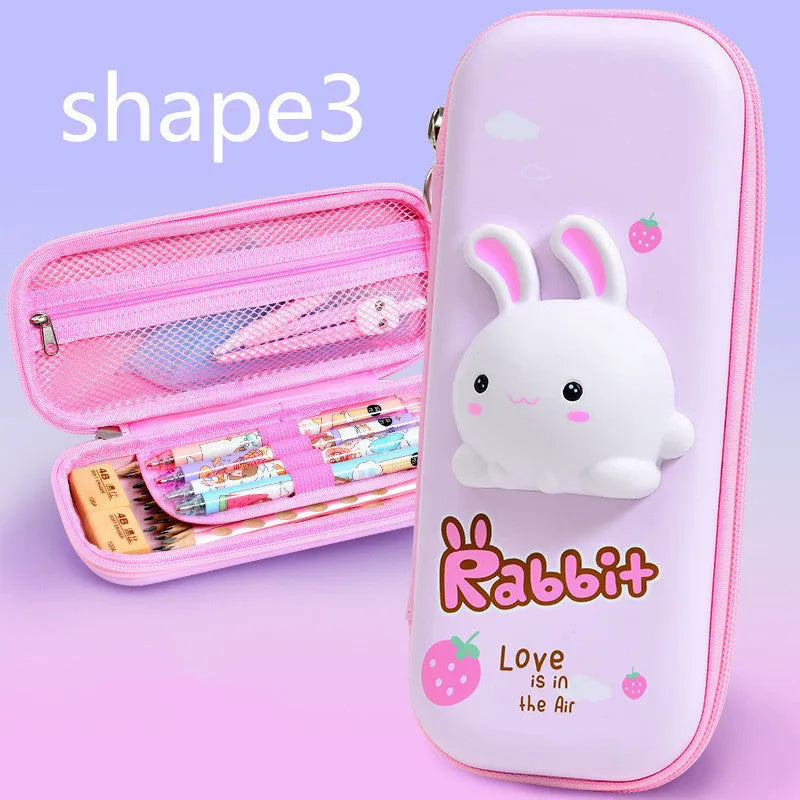 Hard EVA 3D decompression pencil case in square shape with cartoon dinosaur design.