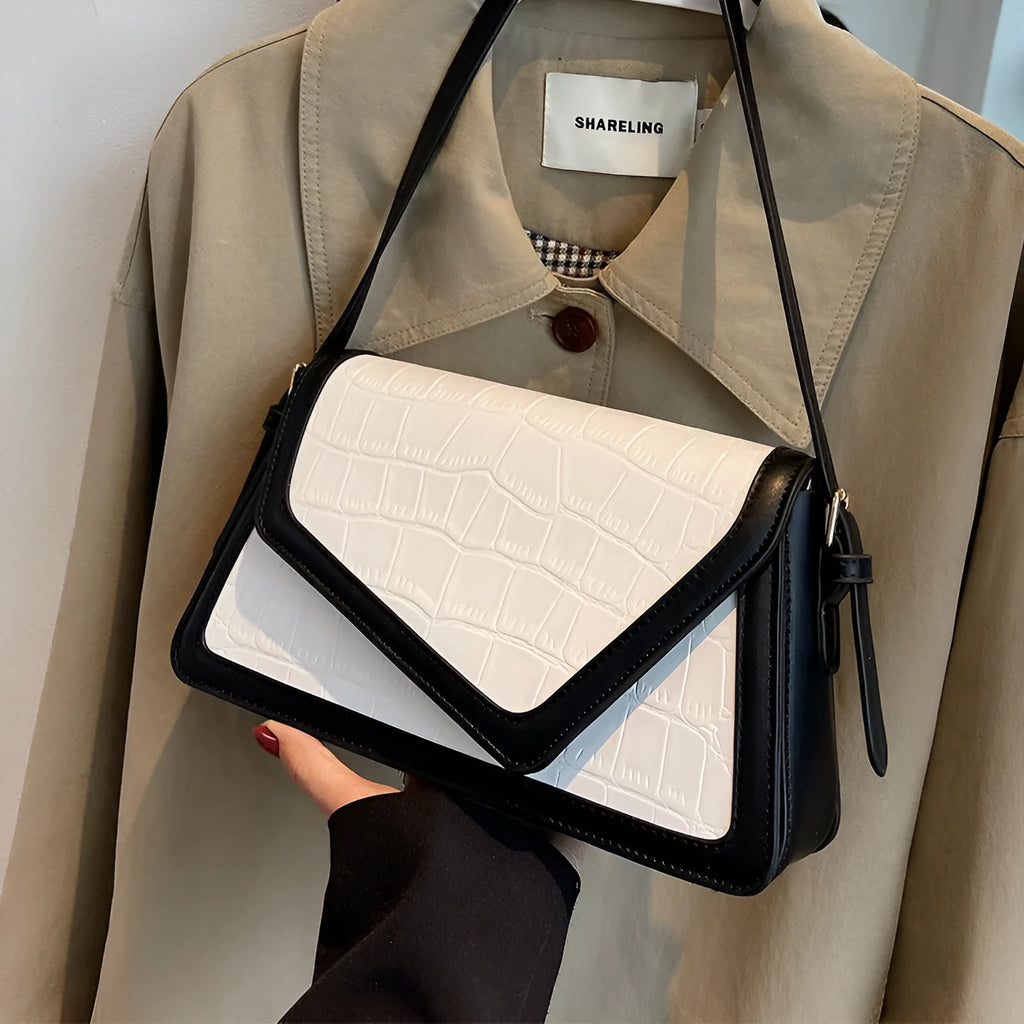 Stone pattern square PU leather one-shoulder bag in black, white with black, khaki, or creamy-white.