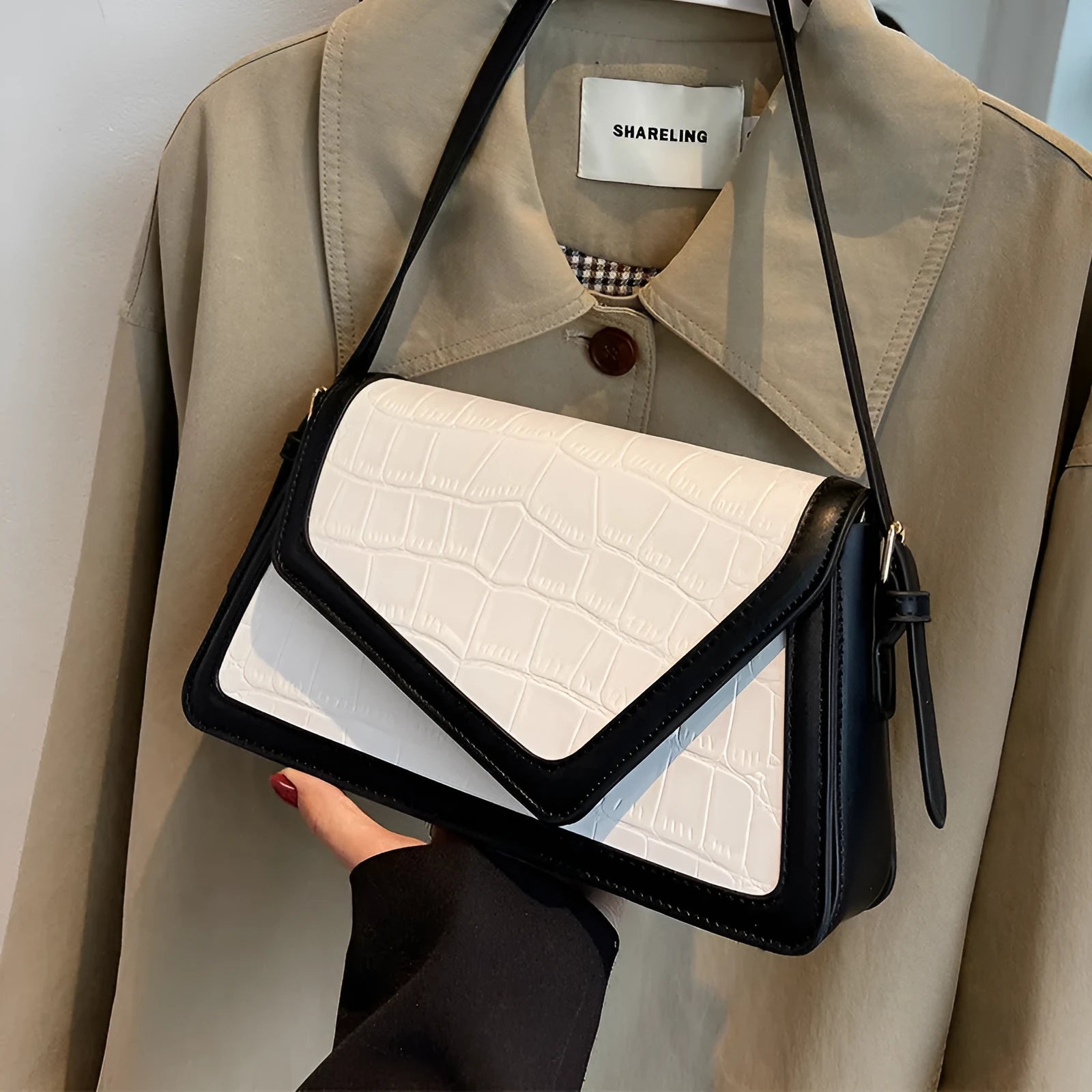 Stone pattern square PU leather one-shoulder bag in black, white with black, khaki, or creamy-white.