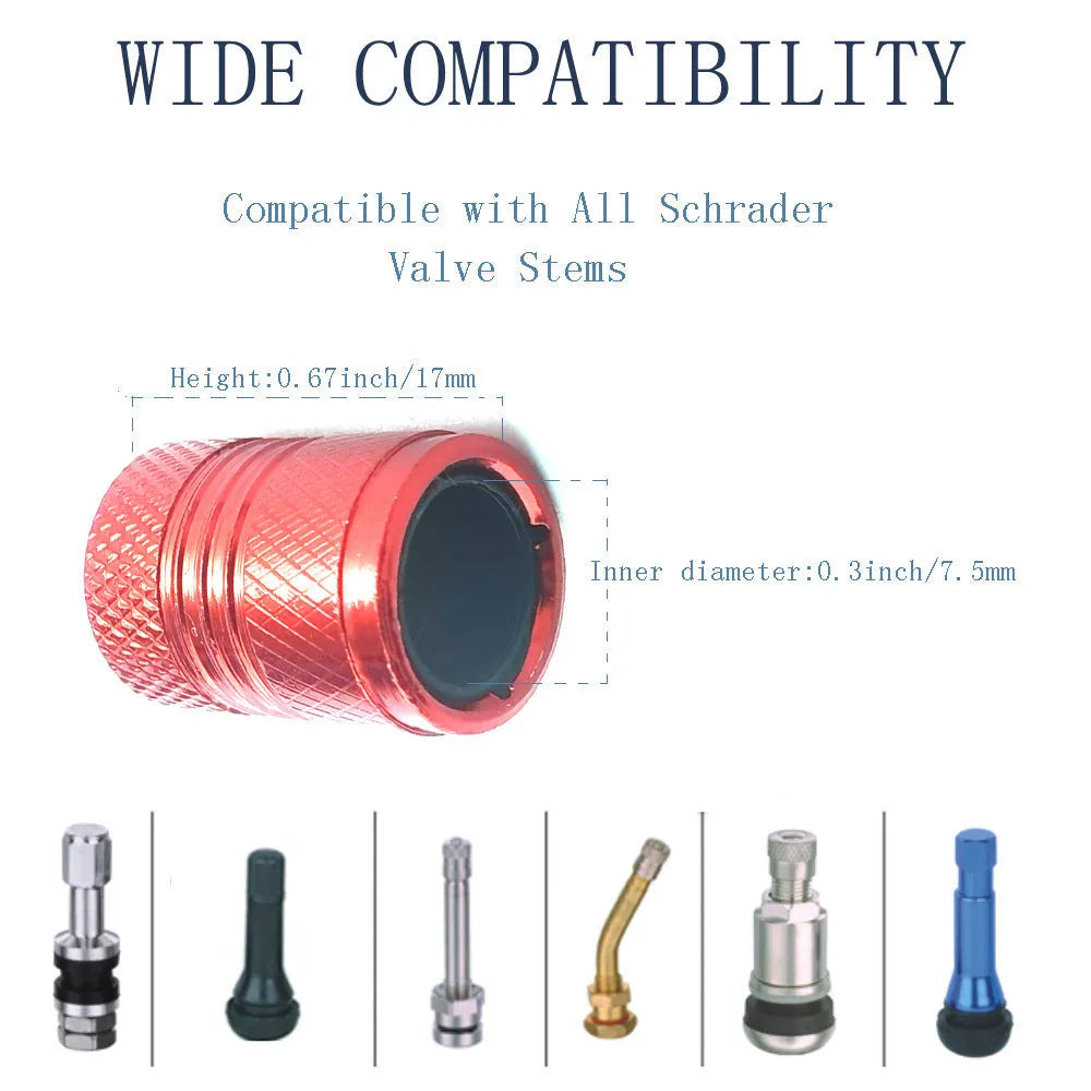 Aluminium car tyre valve dust cap in black, blue, grey, and red colours.