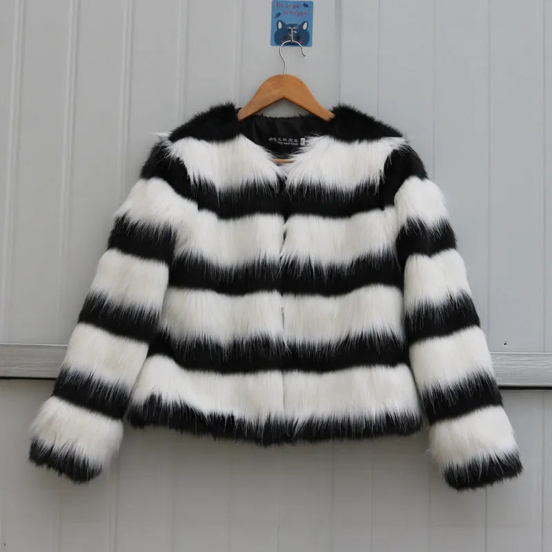 Black and white striped faux fur leather jacket for women with long sleeves