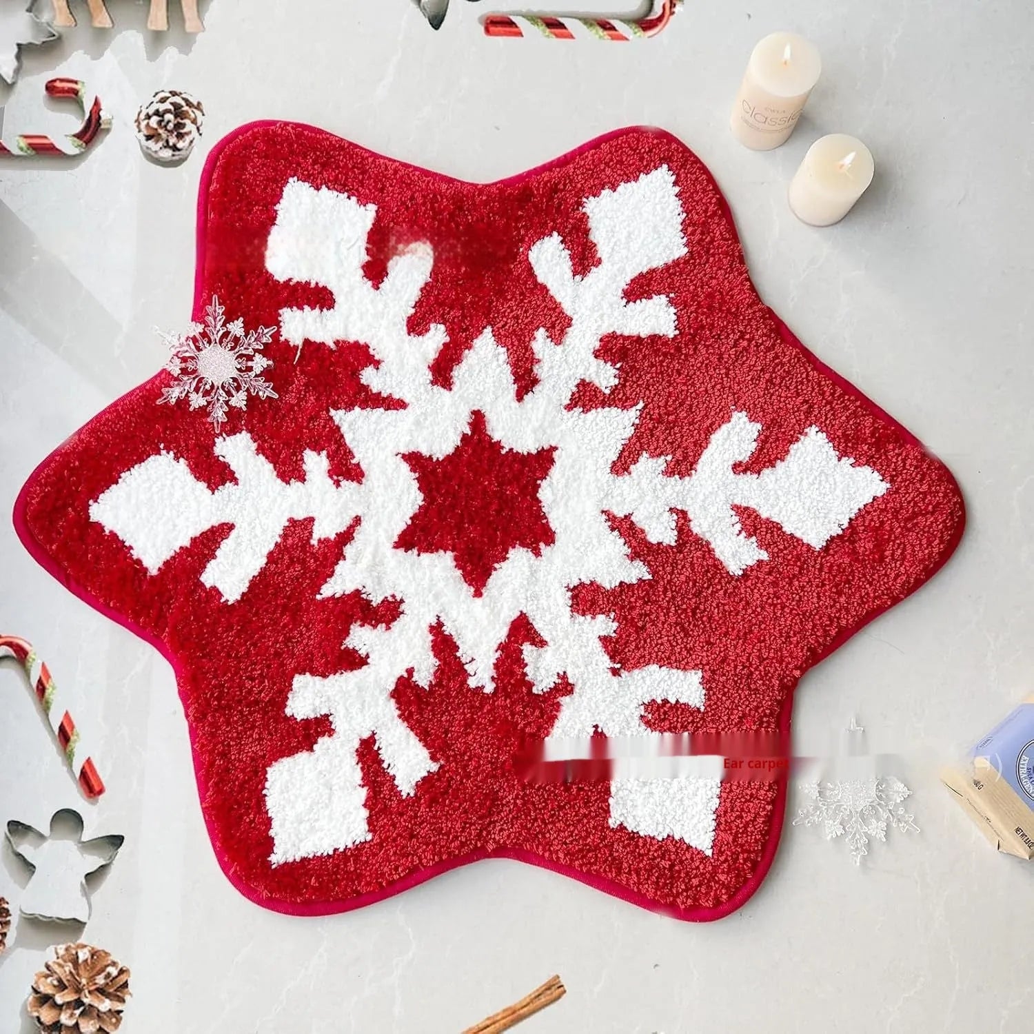 Christmas-themed round polyester carpet with festive printed design, shown in two size options.