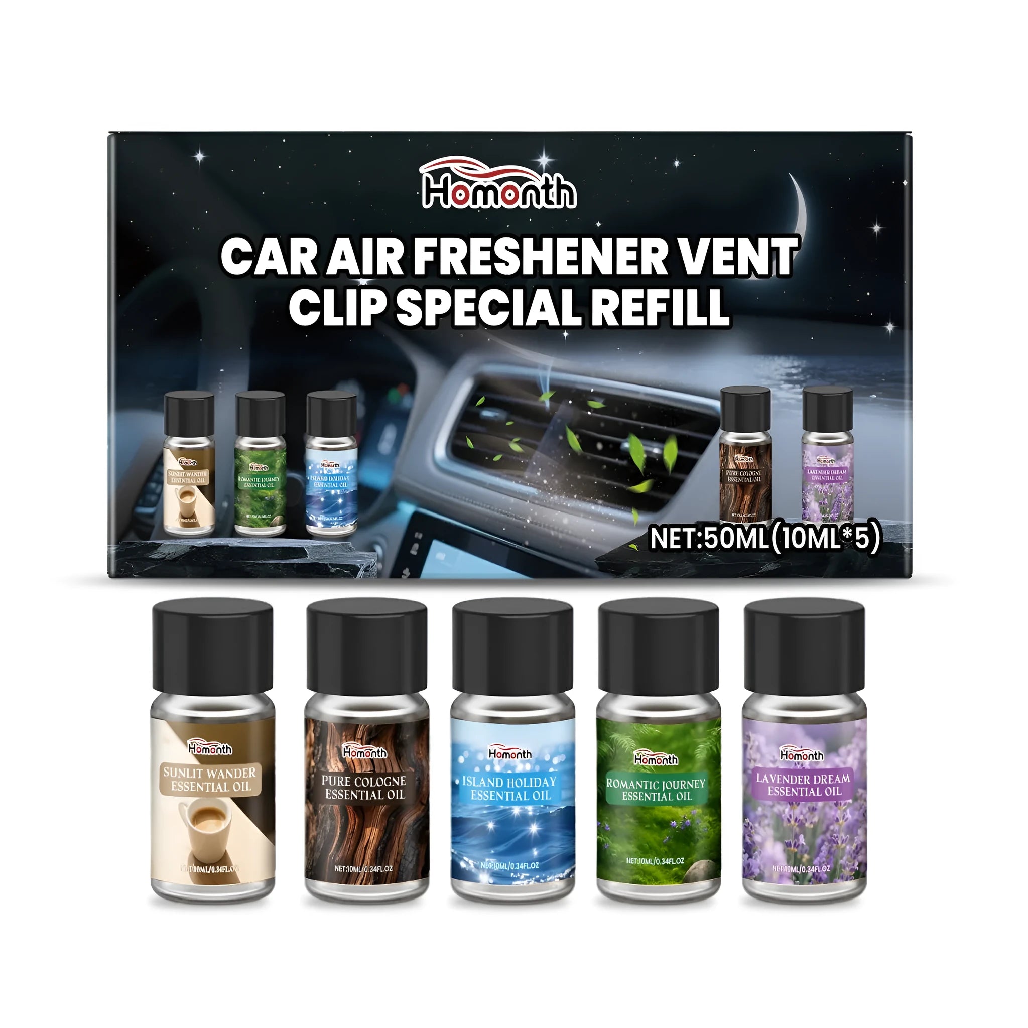 Pack of five 10ml car air freshener refill bottles for vent clip diffusers.