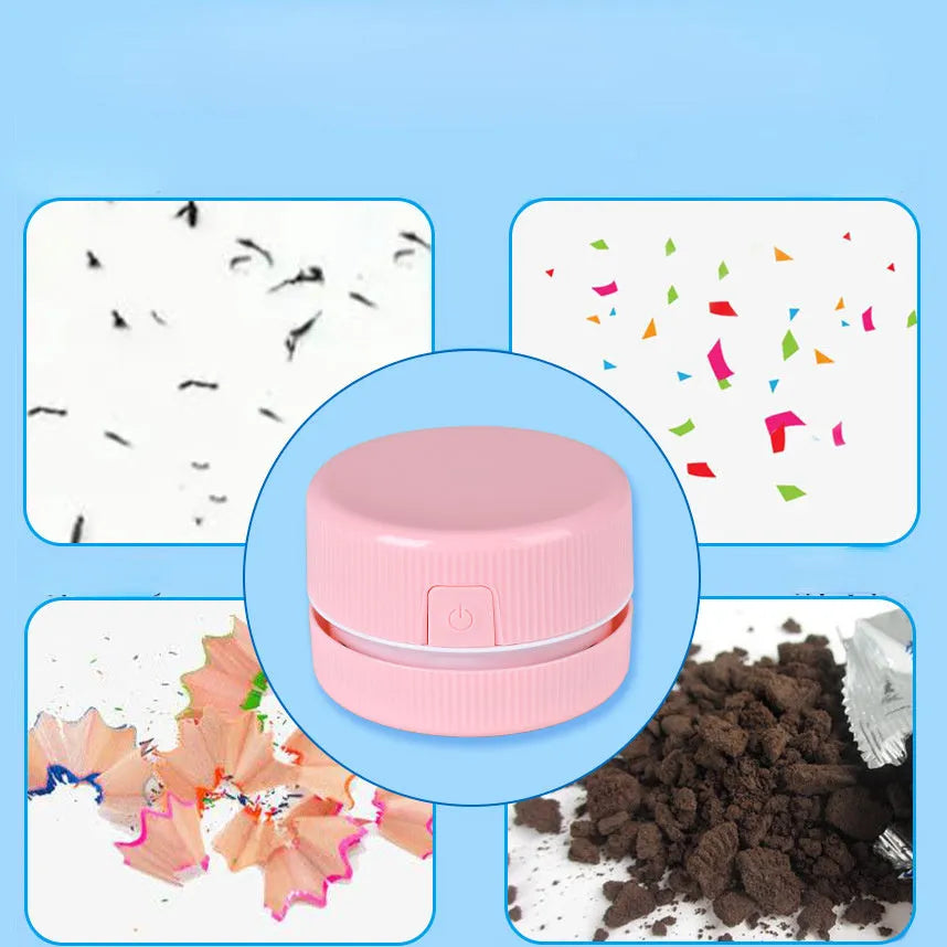 Portable mini desktop vacuum cleaner for pencil chips in pink colour with rechargeable battery