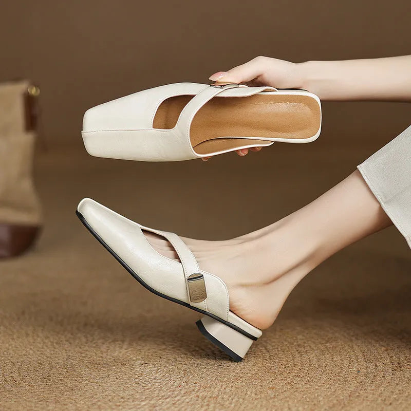 British style square toe slippers with low heel in artificial PU and rubber sole