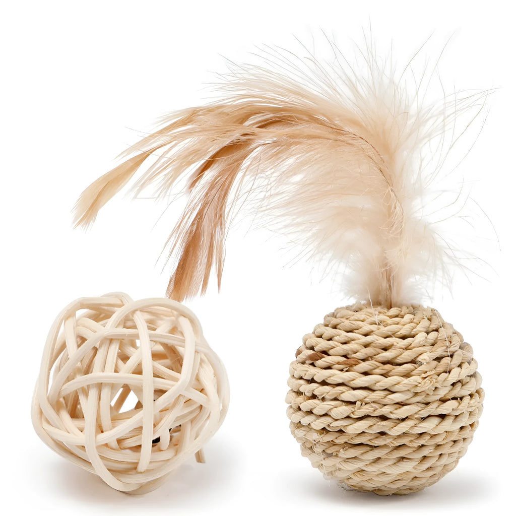 Two cat toys: hollow rattan ball and faux feather ball with bell for interactive kitten play