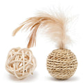 Two cat toys: hollow rattan ball and faux feather ball with bell for interactive kitten play