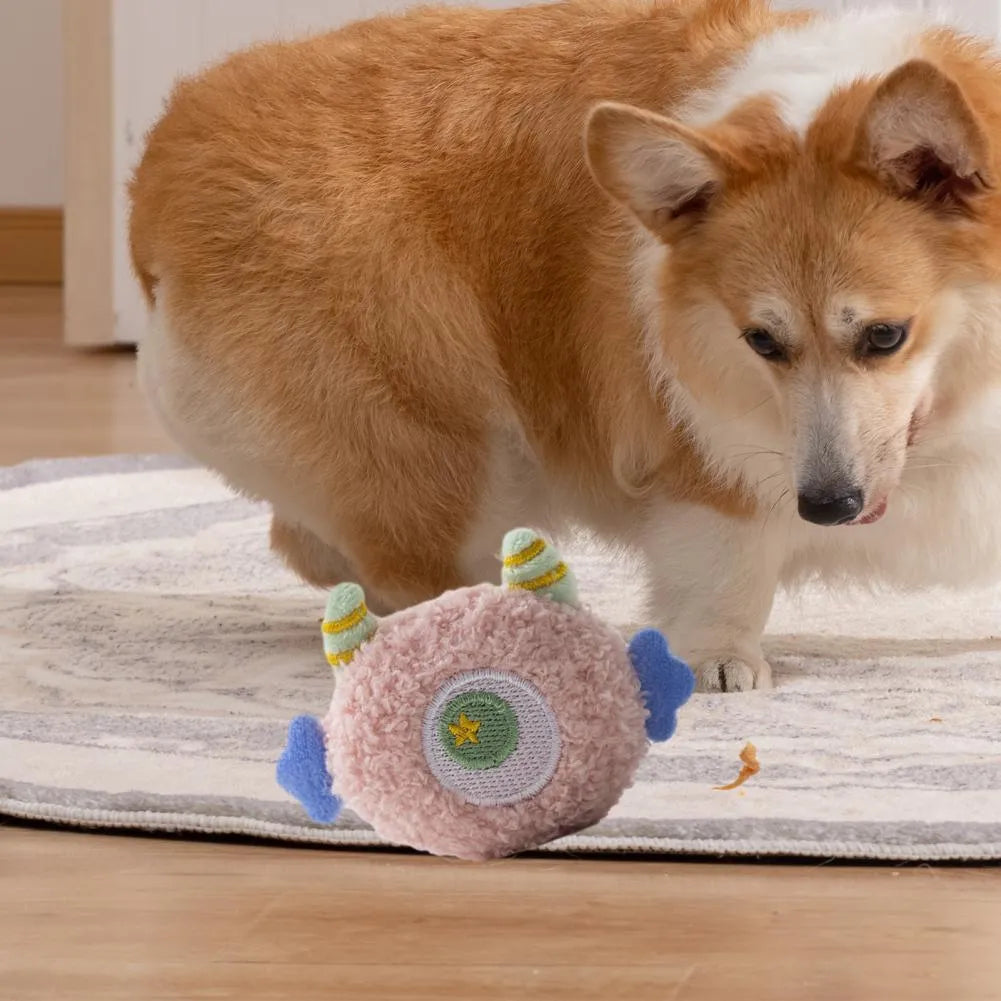 Cartoon-shaped plush dog chew toy with large eyes and squeaker in assorted colours