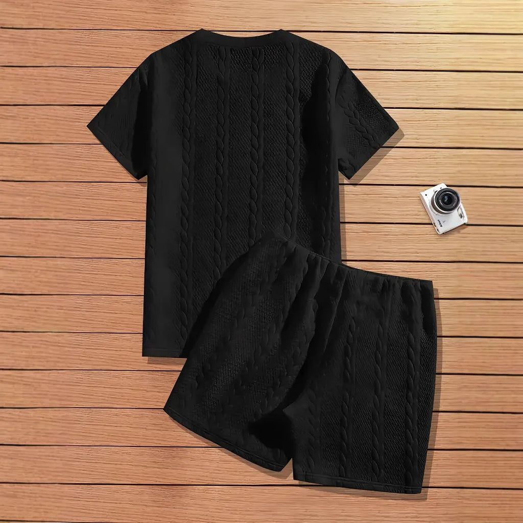 Men's black solid colour ribbed short sleeve T-shirt and matching shorts sports set