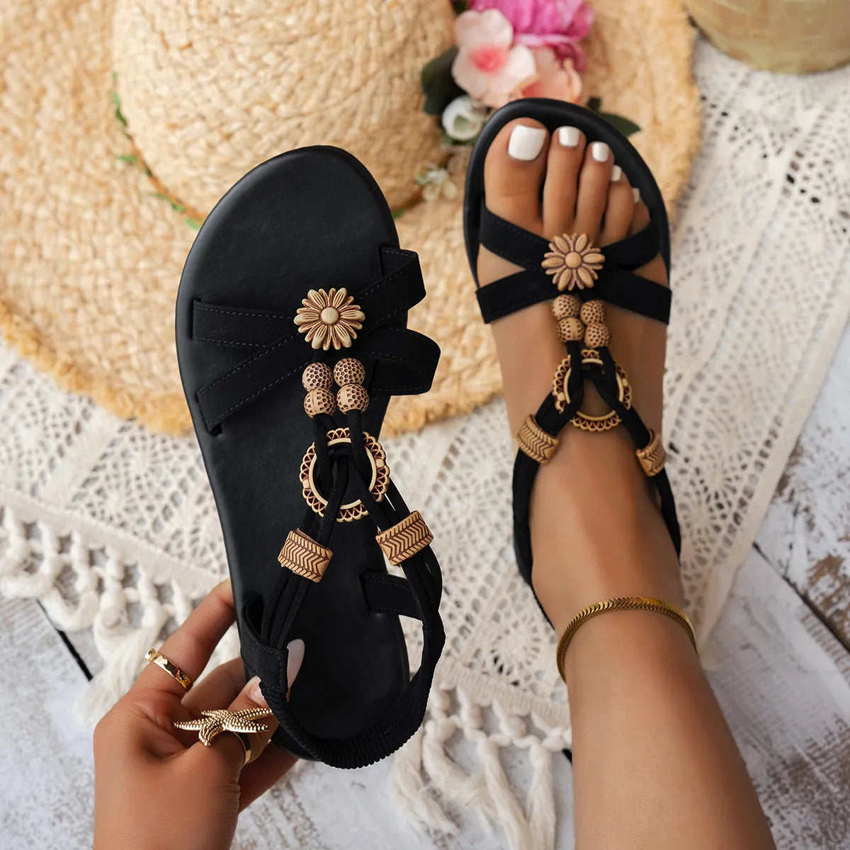 Black ethnic-style women's flat beach sandals with beaded weave pattern and rhinestone belt decoration