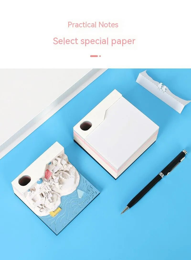 Santorini beach three-dimensional paper carving notepad and building model measuring 9x9x5 cm