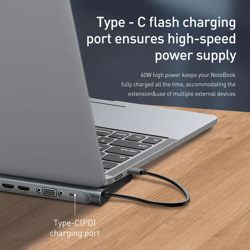 Ten-port aluminium docking station with cooling bracket showing HDMI, VGA, and Ethernet ports