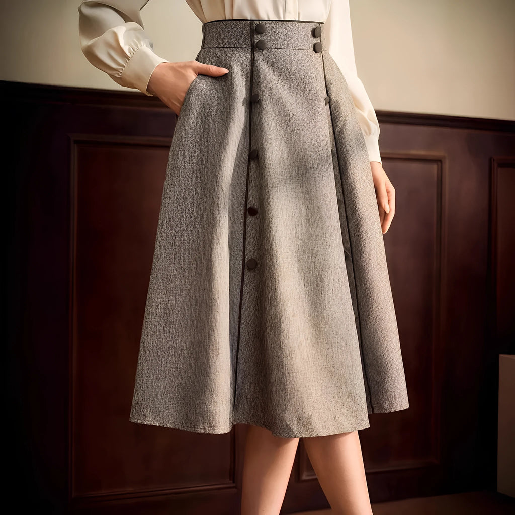Khaki high-waisted A-line skirt with three-dimensional decoration, mid-length, polyester fabric, women's commute wear