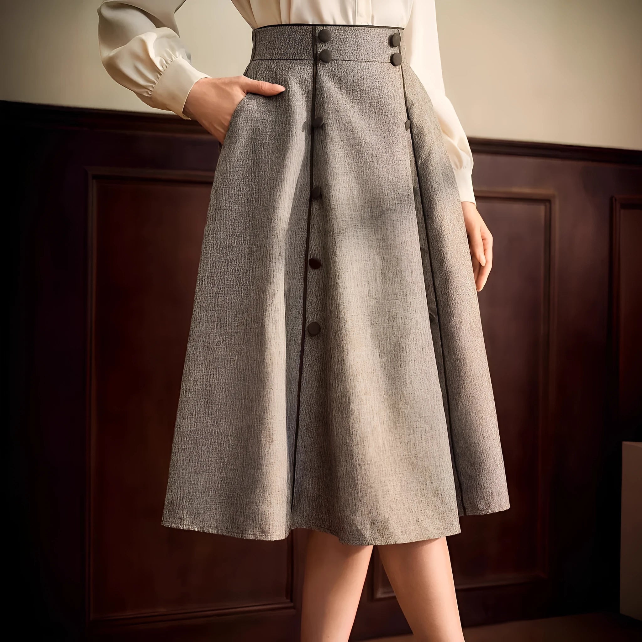 Khaki high-waisted A-line skirt with three-dimensional decoration, mid-length, polyester fabric, women's commute wear