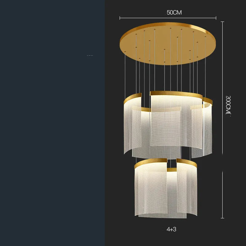 Large villa duplex chandelier with stainless steel body and gold mesh shade on a dark ceiling
