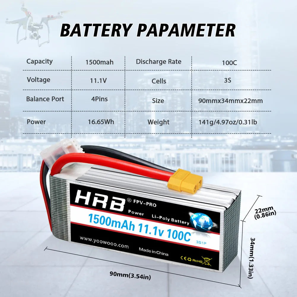 HRB 3000mAh 60C 2S lithium battery with EC5 plug for UAV
