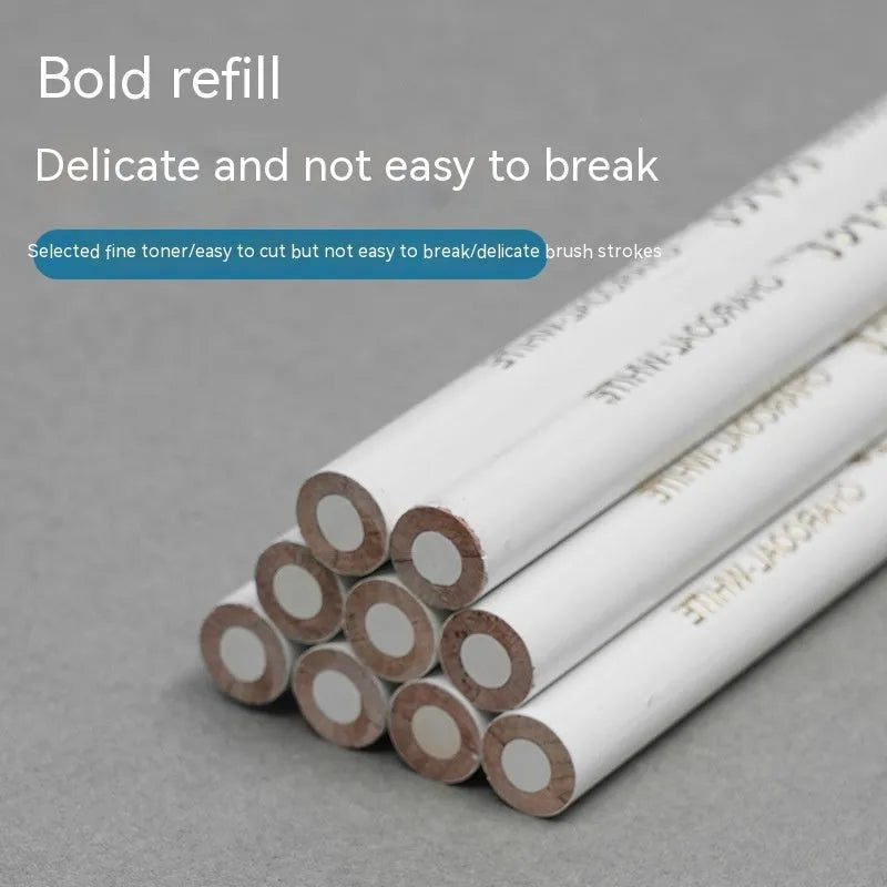 Set of three white charcoal pencils with wooden barrels for drawing on dark paper.