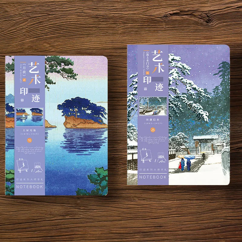 Ukiyo-e series hand ledger notebook with Kanagawa wave cover, showing dimensions and open page.