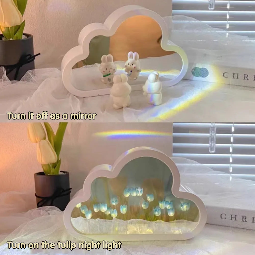 DIY tulip night lamp with decorative mirror and LED lighting in multiple colour options
