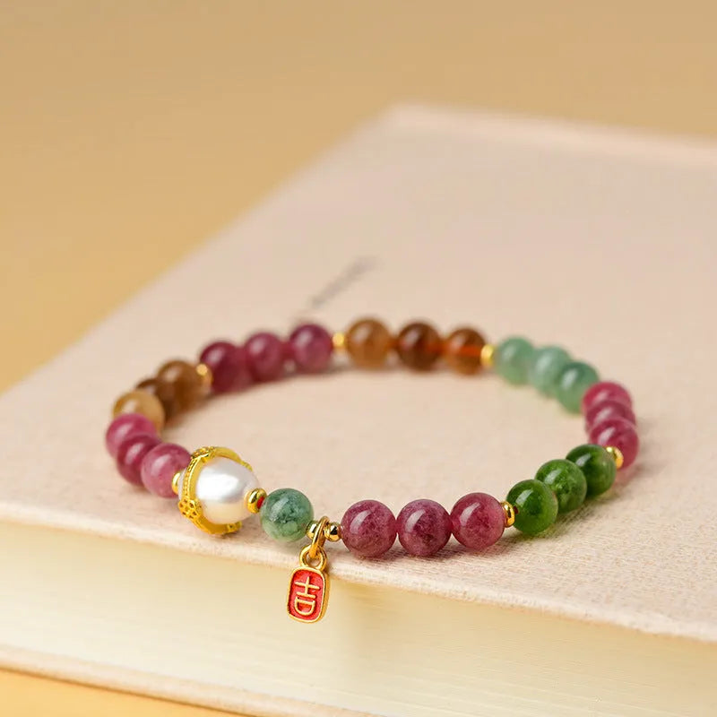 Geometric optimised tourmaline bracelet with 6.5mm chalcedony beads in natural crystal