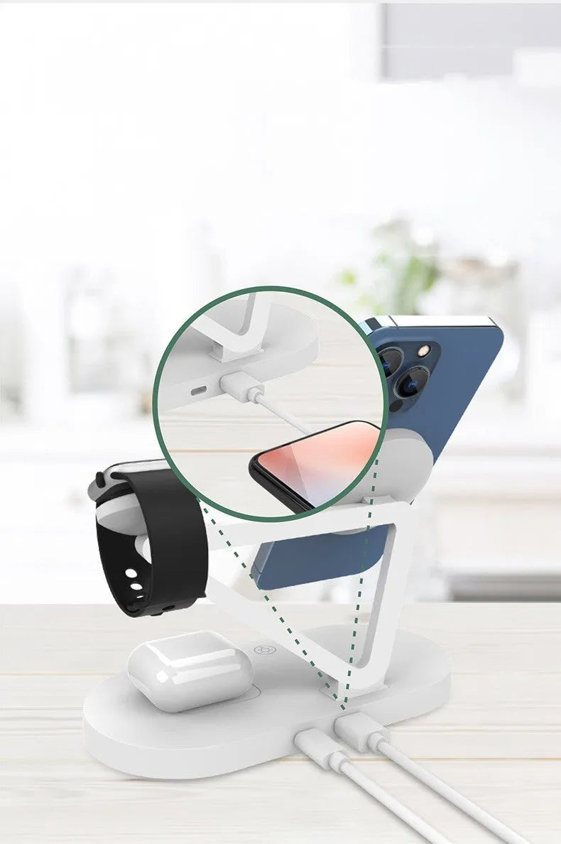Black wireless charging station showing phone, Apple Watch and AirPods case charging simultaneously