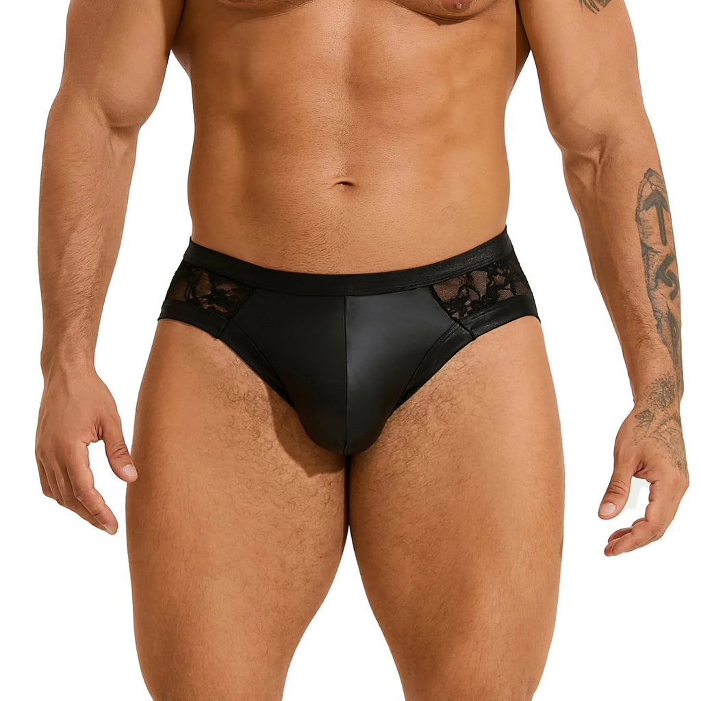 Black men's faux leather briefs with visible stitching and lace detailing on a solid background.