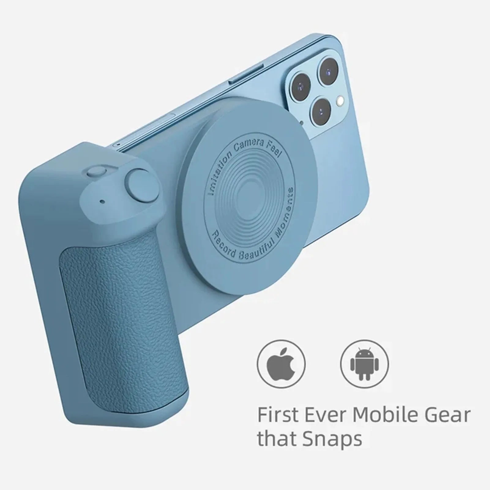 Black magnetic camera handle bracket holding smartphone with rotatable design and ergonomic grip