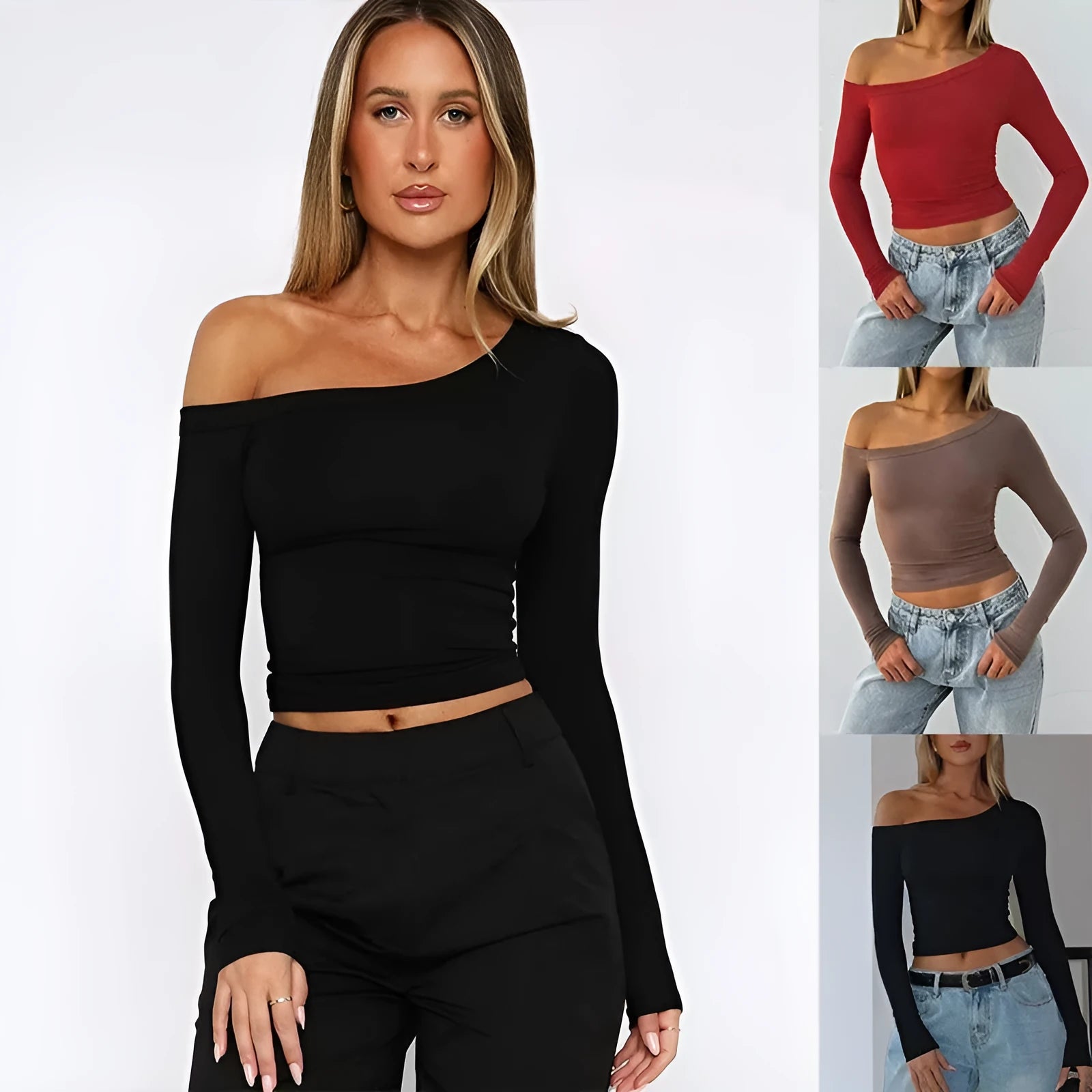 Women's slim-fit long-sleeve knitted cardigan in black, brown, and red colour options.
