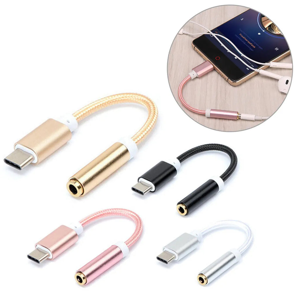 Type-C to 3.5mm female headphone adapter cable in black, silver, gold, and rose gold colours.