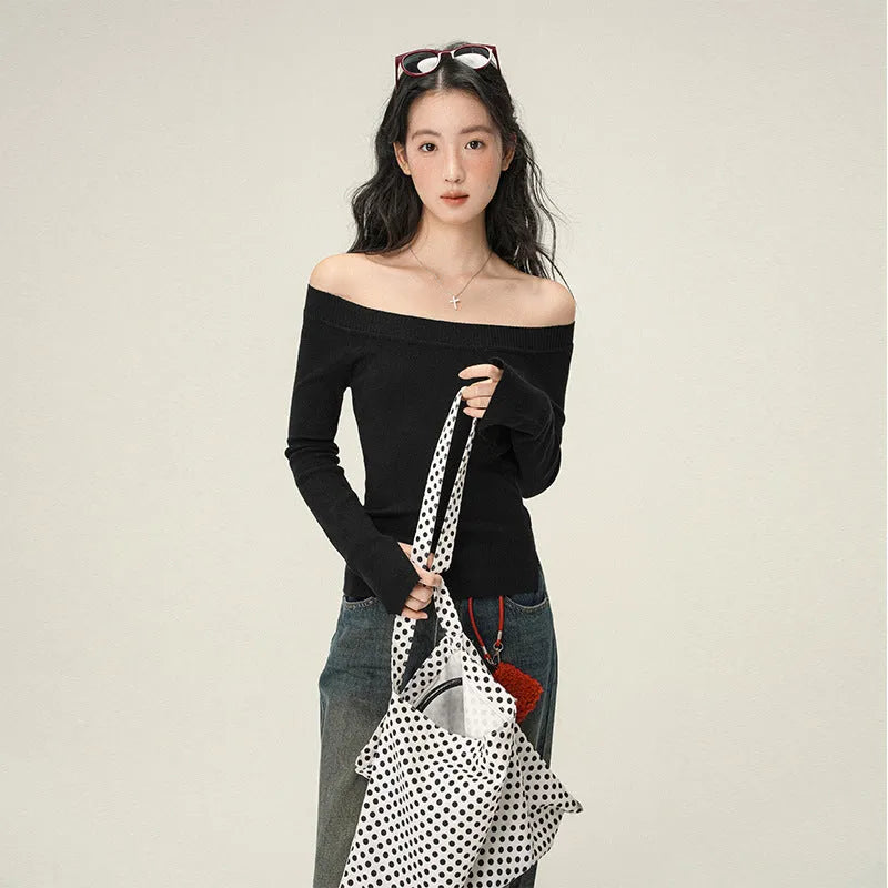 Pure Desire women's soft knit oblique angle shoulder pullover sweater in solid colour, slim fit, short length