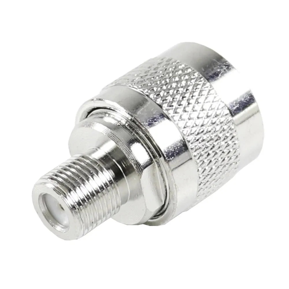 Silver metal RF coaxial F head converter for TV aerial, satellite, and antenna connections, 3x1.8cm